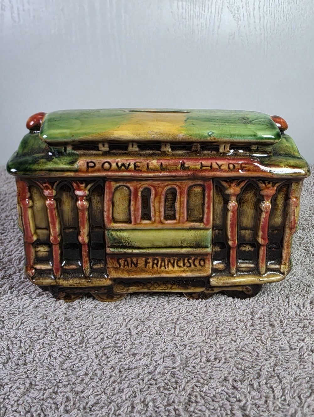 Vintage San Francisco Cable Car Ceramic Bank - Green & Gold